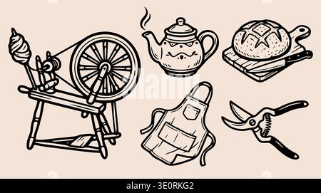 A charming collection of rustic and traditional lifestyle items in a detailed line art style. Stock Vector