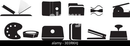 Education tools icon set showing book folder palette stapler and stamp Stock Vector
