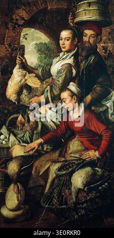 Joachim Beuckelaer's oil painting from the 1560s, 'Market Scene,' depicts vendors amidst a bustling array of produce. A woman in a white blouse holds a plucked fowl, while another in red attends to goods below, and a man balances a basket on his head, all within a vibrant, rustic setting. Stock Photo