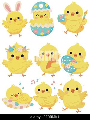 Set of cute yellow Easter chicks Stock Vector