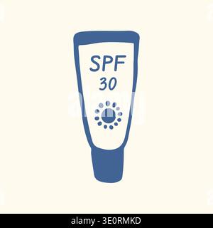 Sunscreen tube icon with sun symbol and SPF text in flat style. Simple sun protection cosmetic illustration isolated on light background for skincare Stock Vector