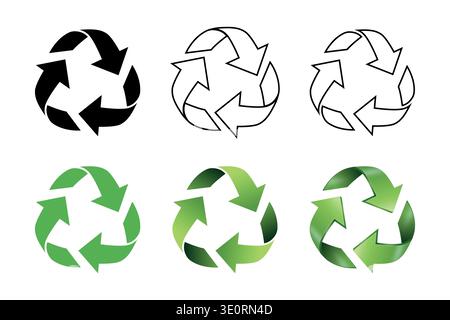 Recycling Symbol Set, Vector Illustration. Eco Recycle Arrows Icons in Black Outline and Green. Circular Reduce Reuse Recycle Sign for Environmental Stock Vector