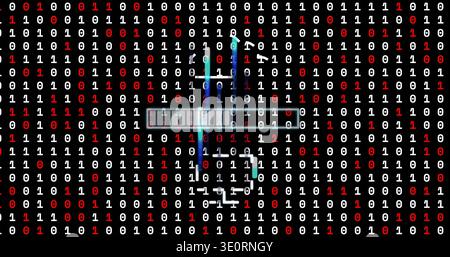 Showing central UI displaying segmented bar, neon streaks, binary grid and glitches on data screen Stock Photo