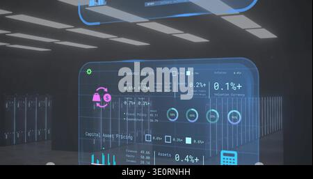 Projecting AR analytics dashboard showing financial charts in data center aisle, with server racks Stock Photo