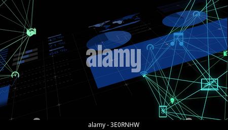 Connecting cyan nodes forming web on dashboard, showing device icons and percent labels, copy space Stock Photo