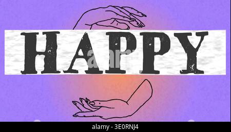 Showing HAPPY type centering on purple backdrop with white band, two line-drawn hands, orange glow Stock Photo