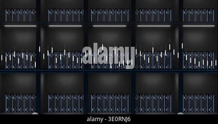 Showing grid of recessed server racks in data center, featuring rack-mounted servers and blue LEDs Stock Photo