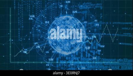 Glowing holographic wireframe sphere pulsing, projecting line charts and numeric code on dark grid Stock Photo