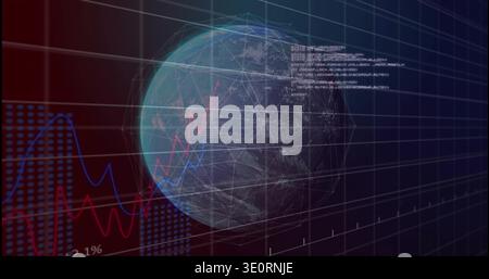 Displaying translucent 3D globe rotating in data dashboard, showing wireframe grid and graphs Stock Photo
