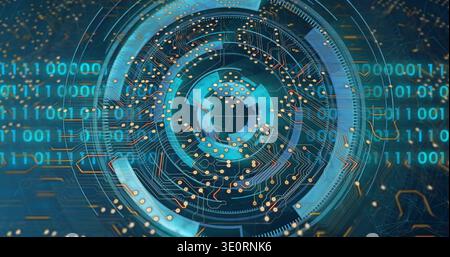 Pulsing futuristic circular interface displaying binary streams in virtual HUD, with gold circuits Stock Photo