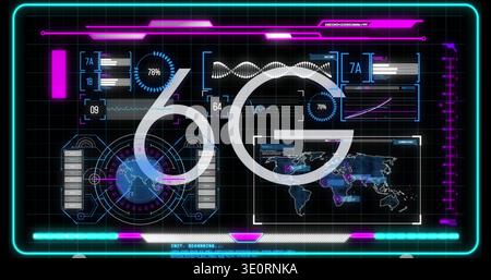 Displaying faint 6G overlay dominating dashboard, showing globe heatmap DNA helix meters Stock Photo