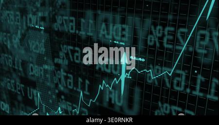 Displaying glowing teal upward-trending line graph rising on dashboard, with arrow, grid, tickers Stock Photo