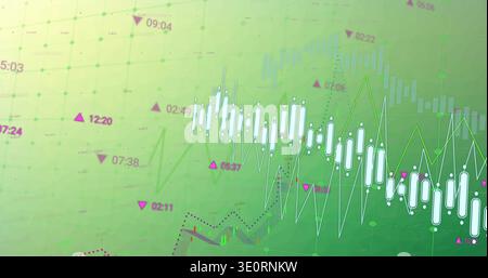 Displaying financial chart with white candles on trading display, showing green and blue graphs Stock Photo
