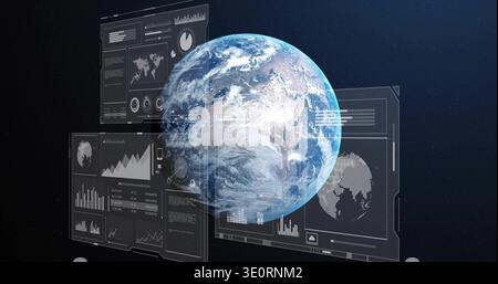 Displaying Earth globe centered in orbital view, showing holographic UI panels with charts, gauges Stock Photo