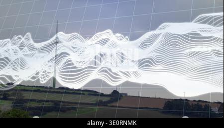 Displaying white data waveform overlay crossing rural fields, showing wind turbine and shed Stock Photo