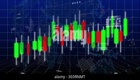Displaying candlestick bars and white wicks floating on global dashboard, with grid markers Stock Photo