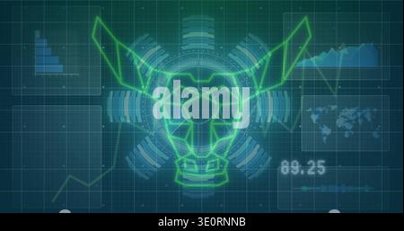 Displaying neon-green wireframe helmet emblem glowing on teal grid, showing rings, charts, 89 Stock Photo