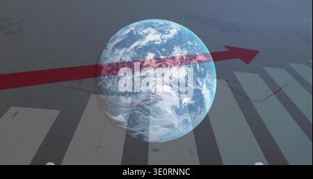 Displaying rendered Earth globe spinning on dark dashboard with red arrow, grey bars, magenta line Stock Photo