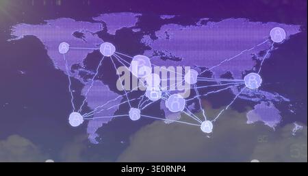 Showing purple dotted world map in digital interface, featuring user-node icons and glowing hubs Stock Photo