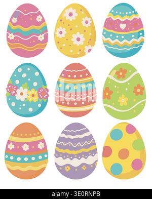 Colorful Easter eggs decorated with cute ornaments and spring flowers set Stock Vector