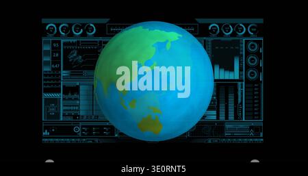 Displaying large stylized globe glowing on analytics dashboard, with HUD panels and charts Stock Photo