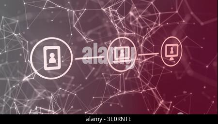Displaying horizontal chain of tablet laptop desktop icons centered in digital mesh, glowing nodes Stock Photo