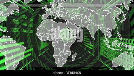Displaying stylized world map in cyber data tunnel, showing Africa target rings and data strings Stock Photo