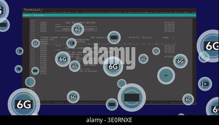 Displaying terminal showing monospaced text in UI mockup with teal title bar, rulers and 6G badges Stock Photo