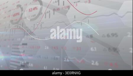 Displaying central financial dashboard showing red and white trend lines, candlesticks, figures Stock Photo