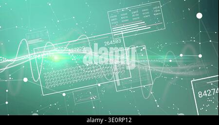 Displaying translucent keyboard schematic glowing over waveform lines in 3D UI with floating panels Stock Photo