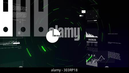 Rotating white pie chart emitting green streaks on digital HUD, with floating data panels Stock Photo