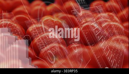 Flowing red waves displaying translucent HUD panels and numeric readouts in digital visualization Stock Photo