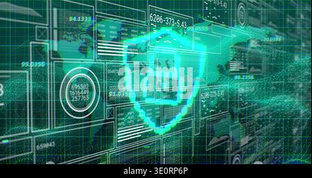 Projecting glowing cyan shield hologram overlaying faint world map on dashboard with UI panels Stock Photo