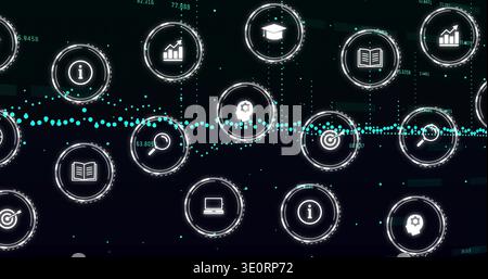 Displaying centered network of glowing circular data nodes on virtual dashboard, with aqua waveform Stock Photo