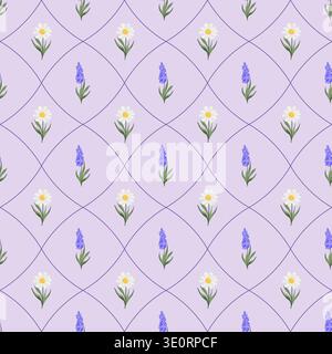 Seamless vector pattern with daisy and lavender in geometric scallop layout on soft pastel background. Elegant floral tile for textile and decor. Stock Vector