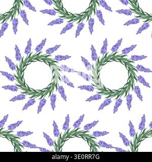 Seamless vector pattern with lavender flower wreaths and green leaves arranged in a repeating layout. Square floral design for fabric, packaging, decor and print. Stock Vector