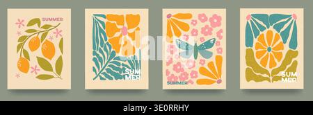 An abstract set of greeting cards with the inscription Hello Summer. Hand-drawn waves, leaves, and flowers. Vintage grain texture. Template for packag Stock Vector