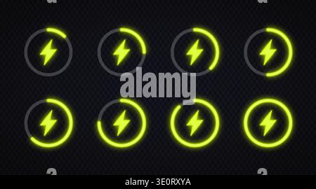 Neon energy loading icons showing circular progress levels. Bright electric symbols with glowing charge indicators on transparent background Stock Vector