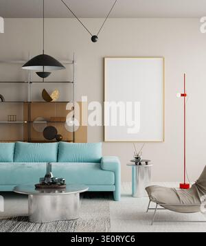 Modern living room interior with turquoise sofa, sculptural coffee table and blank poster frame mockup on wall, bright contemporary apartment space wi Stock Photo
