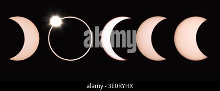 Sequence of the phases of the annular solar eclipse in darkness. Image taken with a solar filter. Stock Photo