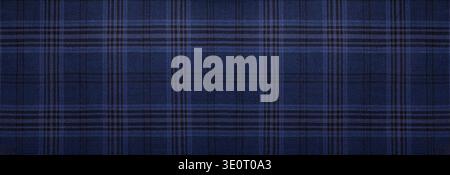 Close-up of a blue plaid textile with detailed texture, ideal as a background for fashion, branding, or design projects. panoramic image Stock Photo