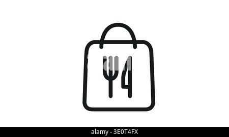 Simple black line take away bag with fork and knife icon Stock Vector