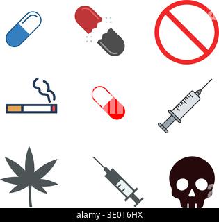 A set of flat icons illustrating drug addiction and health risks. Features include syringes, pills, a skull, and cannabis leaf symbols designed Stock Vector