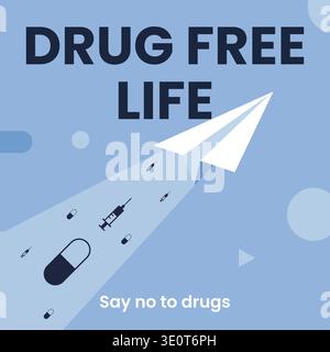This conceptual illustration shows a white paper plane soaring upward, leaving behind syringes and pills. It conveys a powerful message of sobriety, Stock Vector