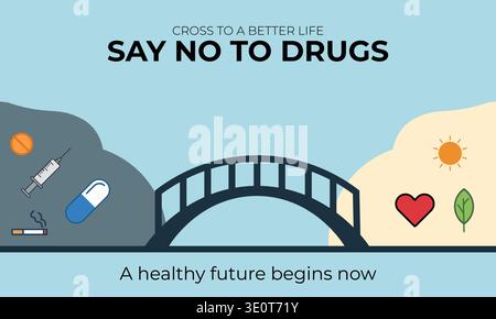 This illustration depicts a bridge transitioning from a dark side of drug addiction to a bright, healthy future featuring icons of wellness like a sun Stock Vector
