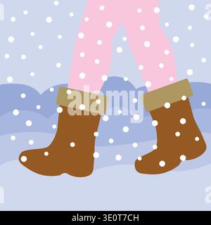 Woman legs in warm winter boots and pants walking through snow and ice over winter background with snowfall. Stock Vector