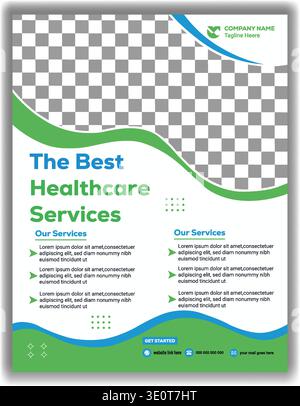 Medical healthcare services flyer template layout with green and blue design elements Stock Vector