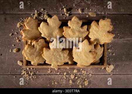 Canadian Maple Leaf Shortbread Cookies in Rustic Wood Box Stock Photo