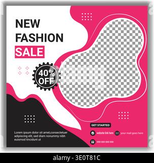 New fashion sale social media post banner template design featuring pink wave and black accent Stock Vector