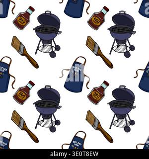 Seamless vector pattern of BBQ grill, sauce bottle, apron, and brush for Father's Day celebration. Stock Vector